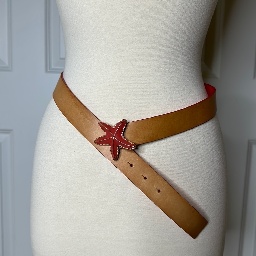 Talbots Leather Reversible Starfish Belt in Tan Orange Gold